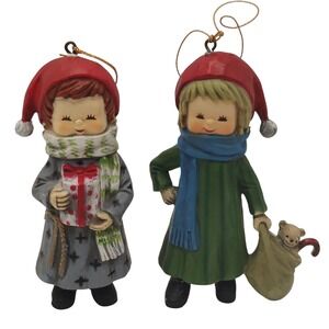 Vintage Christmas Resin Ornaments‎ Girls With Presents Hanging Set Of Two